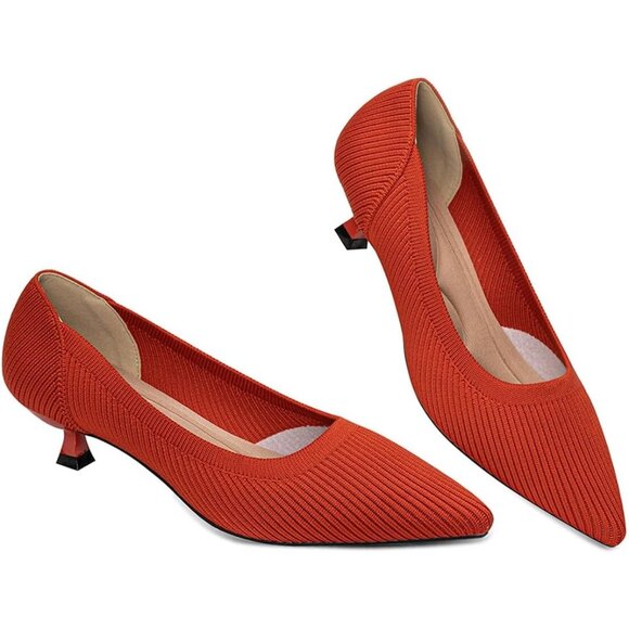 Women's Red Kitten Heels Pumps Comfortable Knit Closed Toe Heels Casual - Picture 1 of 5